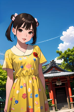 ((masterpiece, best quality, absurdres, highres, ultra detailed, high resolution, very fine 8KCG wallpapers)), 1girl, solo, brown hair, short hair, hair bun, double bun, brown eyes, looking at viewer, dress, skirt, short sleeves, floral print, standing, tongue, tongue out, :p, arm behind back, outdoor, shrine, front of worship hall, day, blue sky, cloud, Shinto shrine,