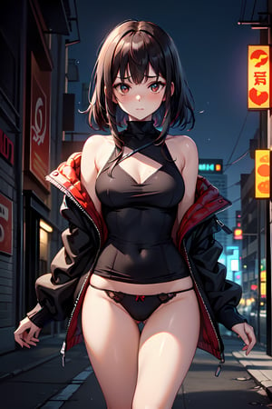 (absurdres,  highres,  ultra detailed,  high resolution: 1.1)
BREAK
1girl,  embarrassed,  medium breasts, 
BREAK
black panties, open jacket, bare shoulders, 
BREAK
glow, neon, city, cyberpunk, horror \(theme\), air particles, (blurry background:1.2), DoF, Deep_on_field, bare lags, hip focus, bare hip,
BREAK
nice hands,  perfect hands,