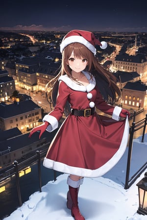 (absurdres, highres, ultra detailed, high resolution: 1.1), 1 girl, solo, smile, medium breasts, brunette hair, long hair, brown eyes, santa, red beret, white collar with bell, red gloves, red dress, red boots, santa girl costume, christmas, holy night, christmas decorations, christmas night, snowy scenery outside, bright and beautiful cityscape with illuminations, nice hands, perfect hands,