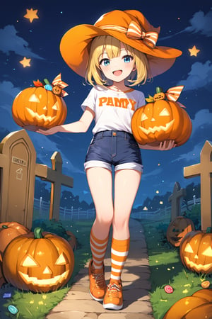 score_9, score_8_up, score_7_up, source_anime, rating_safe, smiling girl in a custom made mascot costume standing on the graveyard in the daytime, waving, pumpkin tops, shirt shaped like a pumpkin, pumpkin bottoms, shorts shaped like a pumpkin, pumpkin footwear, shoes shaped like a pumpkin, pumpkin headwear, hat shaped like a pumpkin, yellow and purple striped knee-high socks, kigurumi, pumpkin mascot character girl, outdoors, lawn, tombstone, jack-o-lantern, full body, candies box, sfw,