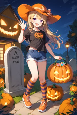 score_9, score_8_up, score_7_up, source_anime, rating_safe, smiling girl in a custom made mascot costume standing on the graveyard in the daytime, waving, pumpkin tops, shirt shaped like a pumpkin, pumpkin bottoms, shorts shaped like a pumpkin, pumpkin footwear, shoes shaped like a pumpkin, pumpkin headwear, hat shaped like a pumpkin, yellow and purple striped knee-high socks, kigurumi, pumpkin girl, outdoors, lawn, tombstone, jack-o-lantern, full body, candies box, sfw,