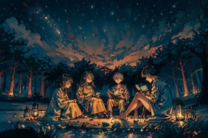 masterpiece, best quality, wide angle, 3people, reading on the gressground, under the night sky, stars twinkling brightly, numerous sparks and fireflies filling the air, seated on a cozy blanket, leaning slightly forward engrossed in reading, a book propped open with one hand, the other holding a firefly in mid-air