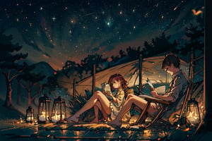reading on the gressground, under the night sky, stars twinkling brightly, numerous sparks and fireflies filling the air, seated on a cozy blanket, leaning slightly forward engrossed in reading, a book propped open with one hand, the other holding a firefly in mid-air