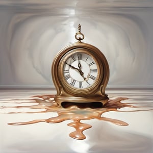 clock lying on the floor, the clock melts like cream, Surrealism, wide angle, wide shot, heat distortion designs, white background, oil painting