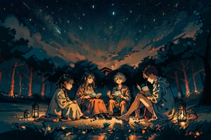 masterpiece, best quality, wide angle, 3people, reading on the gressground, under the night sky, stars twinkling brightly, numerous sparks and fireflies filling the air, seated on a cozy blanket, leaning slightly forward engrossed in reading, a book propped open with one hand, the other holding a firefly in mid-air