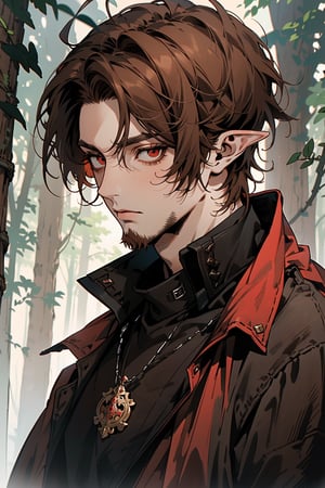 male, 1man,  masterpiece,  8K,  highres, ultra resolution image,  best quality,handsome, in forest, ((very short hair)),  (short scruffy brown hair:1.5), (red eyes),  perfect body, cool black jacket, (forest background),High detailed, elf_ears, (villain face)