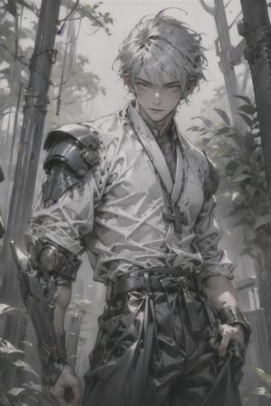 man,  (((solo))) ,((forest background)), (A handsome young),masterpiece,  best quality,  movie still,  extremely detailed,  HD,  8k,  ((1man)),  dust particles,  volumetric lighting,  (heterochromia,  black_tatoo), black hair,  (black wide pants,  samurai outfit) , blue eyes , ((silver mecha sholder armor)),  ((hand_free)),  cross necklace