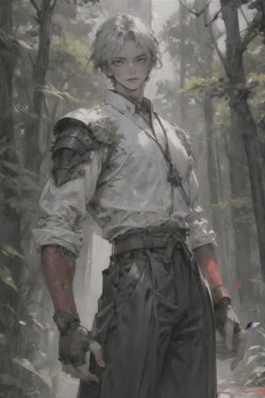 man,  (((solo))) ,((forest background)), (A handsome young),masterpiece,  best quality,  movie still,  extremely detailed,  HD,  8k,  ((1man)),  dust particles,  volumetric lighting,  (heterochromia), black hair,  (black wide pants,  samurai outfit) , red eyes , ((silver mecha sholder armor)),  ((hand_free)),  cross necklace
