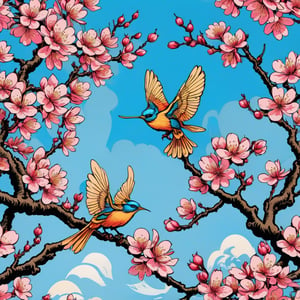 Leonardo Style, illustration,Centred vector art, high contrast, Well-defined black lines, Imagine a high-quality, 4K photograph capturing the essence of spring in its purest form. A close-up shot of cherry blossoms in exquisite detail, their soft, pink hues contrasting beautifully with the azure sky. The photo exudes a sense of tranquility, inviting you to immerse yourself in the delicate beauty of nature, traditional Chinese style, intense dark colors , LSD trip style ,  Centred vector art, ,oni style