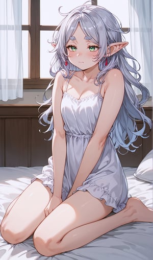 score_9, score_8_up, score_7_up, source_anime, vivid colors,  Frieren, 1girl, solo, emerald eyes, silver hair, long hair, thick eyebrows, messy hair, sleepy face, tired expression, blushing, pink cheeks, white dress, spaghetti straps, sleeveless dress, full body, kneeling, on bed, window(city), white curtains, 
