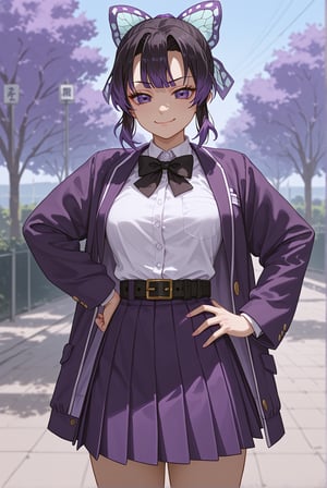 score_9,score_8_up,score_7_up,,1girl, solo, skirt, ribbon, bow, hair ribbon, hand on own hip, school uniform, smug, blunt bangs, black belt, black bow, bowtie, hand up, sblack ribbon, :d, purple jacket, shirt, purple skirt, open jacket, black bowtie, dress, purple dress, pleated skirt,shinobu kochou