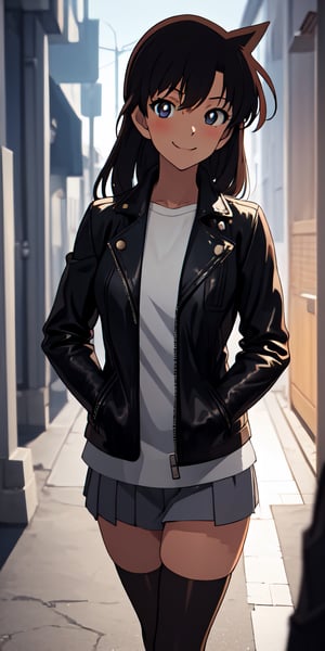(best quality, masterpiece), 1girl, leather jacket, thighhighs, hand in pocket, looking at viewer, backlighting, seductive smile, street, blurry background,higurashi kagome,LONG HAIR