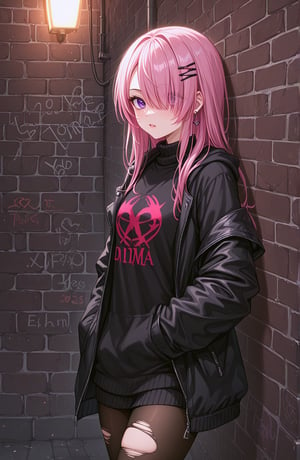 red head ornament,anime,open jacket,1girl,intricate details,neon shirt,against wall,graffiti,night,brick wall,sharp eyes,choker,alley,pink highlights,pink hair,hair over one eye,purple eyes,dim lighting,looking at viewer,torn legwear,earrings,long hair,chromatic aberration,best quality,detailed,masterpiece,turtleneck sweater,realistic,solo
