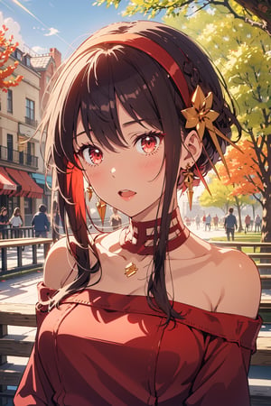 (masterpiece,  best quality), upper body,  light rays,  day,  looking at viewer,  1girl,  depth of field, YorForger, red eyes,  bangs,  (white hairband:1.3),  long hair,  earrings,  red dress,  red off-shoulder sweater,  sweater,  bare neck,  red skirt,  pencil skirt,  pantyhose,  bare shoulder,  long sleeves,  open mouth,  outdoors,  park,  trees, sweater dress, , , ,YorForger