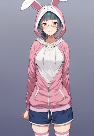 1girl, hood, solo, smile, thighhighs,:), shorts, hoodie, looking at viewer, arms behind back, striped thighhighs, animal hood,rabbit hood, bangs, animal ears, striped, closed mouth, blush, pink hoodie, long sleeves, cowboy shot, jacket, fake animal ears, short shorts, collarbone, shirt, pink jacket, white shirt, hood up, open clothes, drawstring, blue shorts, rabbit ears, white hoodie, pink thighhighs