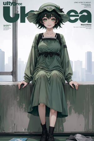 mayuri shiina, (black hair:1.5), (green eyes:1.5), messy hair, short hair, hat, blue hat, (best quality, masterpiece, RAW photo,ultra-detailed:1.2), 1girl,solo,looking at viewer,smile, full body, magazine cover