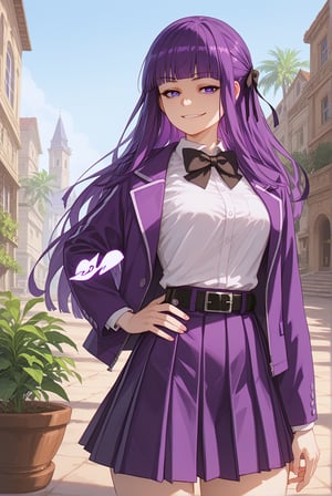 score_9,score_8_up,score_7_up,,1girl, solo, skirt, ribbon, bow, hair ribbon, hand on own hip, school uniform, smug, blunt bangs, black belt, black bow, bowtie, hand up, sblack ribbon, :d, purple jacket, shirt, purple skirt, open jacket, black bowtie, dress, purple dress, pleated skirt,fern, long hair, purple eyes,purple hair