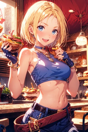 , marykof, 1girl, solo, smile, short hair, open mouth, blue eyes, blonde hair, gloves, navel, holding, bare shoulders, jewelry, food, midriff, belt, pants, fingerless gloves, necklace, bracelet, cup, crop top, hand on hip, burger,marykof