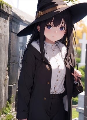 young woman, witch_hat, witch outfit, fur shawl , cemetery,fern