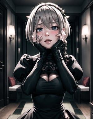 yandere trance, parody, braid, 1girl, hands on own cheeks, yandere, hands on own face,blush, solo,open mouth,n_2b