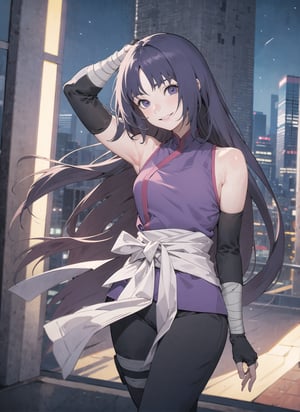 (best quality), (highly detailed), masterpiece, (official art),sumire kakei, smile, long hair, ninja, elbow gloves, bandages, black pants, upper body, looking at viewer, city, night, sky, (intricately detailed, hyperdetailed), blurry background,depth of field, best quality, masterpiece, intricate details, tonemapping, sharp focus, hyper detailed, trending on Artstation,1 girl, high res, official art