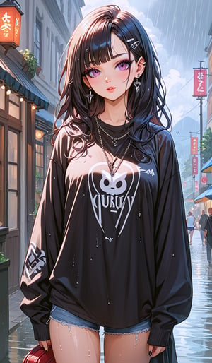 score_9, score_8_up, score_7_up, score_6_up, score_5_up, score_4_up, source_anime,score_9,score_8_up,score_7_up,score_6_up, goth girl, long hair, cute, standing, makeup, black oversized tshirt, wet skin, rain
