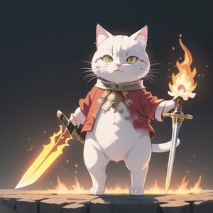 Standing white cat with two front feet holding a big sword covered with flame magic, fantasy style, wearing noble clothes.