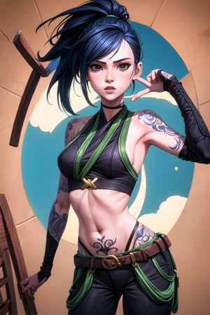 (masterpiece, best quality:1.2), intricate details , akali, 1girl, crop top, pants, hair ribbon, bare shoulders, ponytail, tattoo, black hair,arcane style