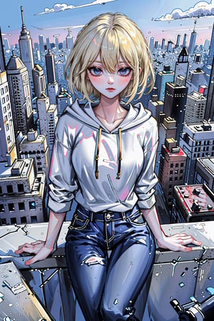 (masterpiece, best quality, highres:1.3), ultra resolution image, (1girl), (solo), (POV, dynamic angle, from top),Hoodie, jeans, with the streets of New York in the background, getting ready for work, gwen stacy, short hair, flowing hairs,blonde hair,  gwenstacy