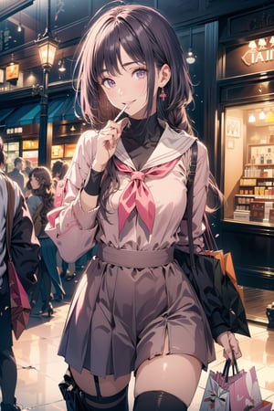 ((best quality)),  ((highly detailed)),  masterpiece,  ((official art)),  detailed face,  beautiful face,  (detailed eyes,  deep eyes),(, shopping_mall,, retail_therapy),pose, cigarete:1.2,holding cigarete:1.2, smoking:1.2, ,cowboy shot, extravagant shopping spree,  (shopping:1.2),high society,(clothing counter:1.2), seductive smile,sumire kakei, long hair,Black skirt,school uniform,(( pink sweater:1.2)), zettai ryouiki, neck ribbon pleated skirt, black thighhighs,(at sides, looking at sides),hoop earring:1.2, curvaceous,  voluptuous body,  medium breast,  (intricately detailed, hyperdetailed), blurry background, depth of field, best quality, masterpiece, intricate details, tonemapping, sharp focus, hyper detailed, trending on Artstation, 1 girl, solo, high res, official art