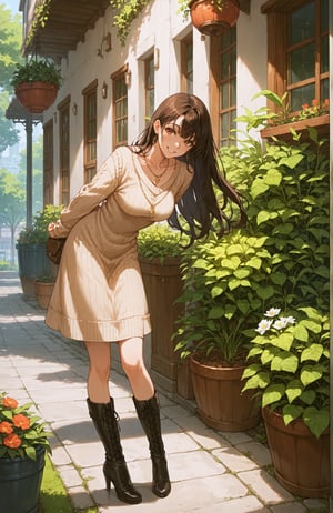 score_9,score_8_up,score_7_up,score_6_up,source_anime,1girl, solo, boots, long hair,smile, dress, necklace, black hair, arms behind back, sweater, brown hair, outdoors, knee boots, looking at viewer, brown eyes, plant, head tilt, high heels, black footwear, full body