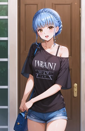 1girl,solo, shorts, black shirt, shirt,  simple background, looking at viewer, alternate costume, brown eyes, bangs, cowboy shot, blue shorts, phone, off shoulder, casual, denim, handbag, cellphone, holding own arm, short sleeves, open mouth,denim shorts, off-shoulder shirt,  collarbone, standing,
marianne_von_edmund,1girl, blue_hair, brown_eyes
