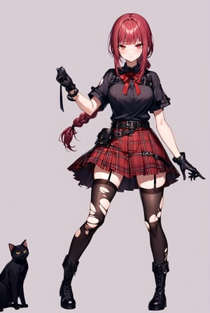 1girl, solo,  looking at viewer, bangs, skirt, shirt, red eyes, thighhighs, gloves, white background, bow, ribbon,  medium breasts,  standing, full body, short sleeves, boots, black gloves, belt, black thighhighs, black footwear, torn clothes, plaid, black shirt, red skirt, garter straps, plaid skirt, cat, knee boots, torn thighhighs,makima, braided ponytail, ringed eyes
