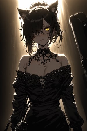 (Masterpiece), best quality, yellow eyes, (detailed eyes), (piercings), goth, dark makeup, glasses, (hair over one eye:1.3), cat ears, bag under eyes, , off shoulders, messy hair, (hair accessories), (skull accessories),backlight, dynamic lighting,maki exp