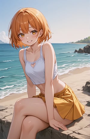 score_9, score_8_up, score_7_up, source_anime, anime coloring, rating-safe, beach,suset,looking at viewer, 1girl, solo , nam1, outdoors, cowboy shot,smile, sitting on a dock by the ocean,white crop top, yellow skirt, orange short hair,blush,smile,parted lips,sitting crossed legs,heart cleavagecutout,
