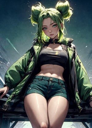 best quality, masterpiece, (1girl solo),Exquisite facial features,beautiful detailed eyes, 4k, Hdr, , green hair, dark skin, micro shorts, cropped jacket, vest, thighs, thick thighs, twintails,
