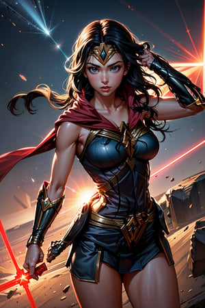 (full body), (Wonder Woman), ((heat vision and a laser beam)), (red cape), (((solo))), Perfect and very beautiful face, magnificent sky background, standing in front of island skyline, dramatic, gorgeous, good anatomy, good proportions, hero pose, award winning, masterpiece, volumetric lighting, centered, (realistic photo)