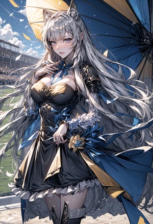 Race queen woman, long silver hair,
Her blue and yellow striped,
large colorful parasols,
Race track, blue sky, strong sunlight,
march 7th \(honkai: star rail\),raphtalia