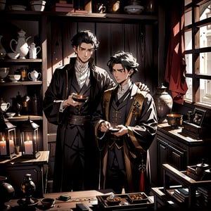 A servant inspecting a package, surprise and intrigue in their expression, hurriedly whispering to Zeng Lan, Zeng Lan's face turning grave, swiftly approaching Huang Kunyuan, dimly lit room, antique wooden crate, mysterious discovery, urgent conversation, intense atmosphere, dramatic lighting, cinematic quality, detailed characters, realistic expressions, historical setting, period clothing, candlelit room, vintage ambiance, suspenseful narrative, high-res.