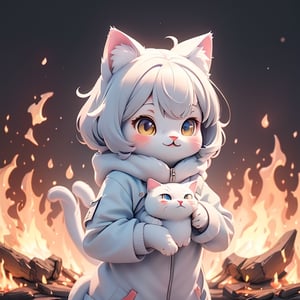 Solo, upper body only, anthropomorphic white cat, surrounded by fire magic