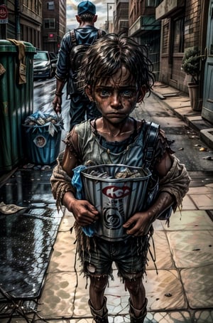 Create a poignant image featuring a young kid dressed in ragged, beggar-like attire, with torn outfits. Their eyes should convey a profound sense of sadness and despair as they glance directly at the viewer in a point-of-view format.

The background should depict a gritty street scene, with other kids similarly dressed, searching for food in trash cans and pleading for money from passersby. The entire scene should be meticulously detailed, capturing the harsh reality of their circumstances, and presented in a full-body shot to convey the depth of their struggle and the challenging environment they navigate