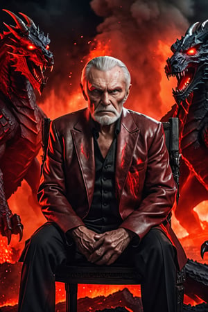 Russian old man dressed up like devil, battle scars all over his face, looking with a fierce look in his eyes, sitting in his throne, crossed legs and crossed hands between his shoulders, looking with intense and focused look, red glowing eyes, 3d enviroment, background with volcanic eruption and lava with dragons