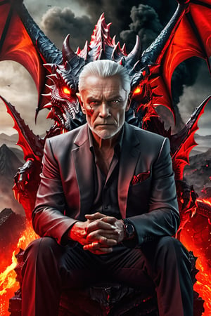  old man dressed up like devil, battle scars all over his face, looking with a fierce look in his eyes, sitting in his throne, crossed legs and crossed hands between his shoulders, looking with intense and focused look, red glowing eyes, 3d enviroment, background with volcanic eruption and lava with dragons flying, dragon spitting fire