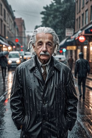 Albert Einstein an old man, aesthetic body, standing in the rain, Highly detailed faces, highly detailed bodies, highly detailed clothing, Perfect finger, not a single blemish, background with people walking in the road, male pov