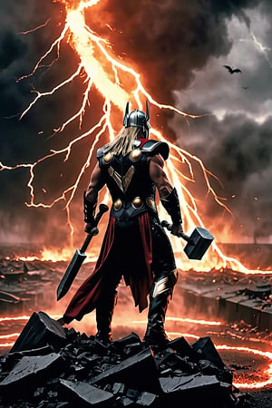 In the heart of the abyss, where the very essence of terror takes form and the air seethes with the acrid scent of brimstone, a cataclysmic clash unfolds. Here, amidst the twisted landscape of eternal damnation, Thor, the Thunder God, stands as a beacon of defiance against the encroaching darkness. His mighty hammer, Mjölnir, crackles with a reddish lightning, casting an eerie glow upon the desolate terrain.

Picture a scene where the sky is an infernal canvas painted in shades of crimson and black, where jagged spires of obsidian pierce the heavens like the fangs of some primordial beast. The ground itself writhes with malice, its surface cracked and blistered by the heat of unquenchable flames that burn with a sickly reddish hue.

As Thor unleashes his fury upon the legions of darkness, the very earth trembles beneath his feet, the air alive with the deafening roar of thunder and the crackling of infernal energies. Demonic hordes, twisted and grotesque, swarm around him like ants, their forms illuminated by the flickering light of burning embers and molten lava.

Amidst this apocalyptic landscape, the sheer terror of the scene is palpable, a suffocating weight that hangs heavy upon the soul. Each swing of Thor's hammer sends waves of destruction rippling through the abyss, tearing asunder anything unfortunate enough to stand in his path.

Your task is to immerse the reader in the sheer horror of this infernal confrontation, to evoke a sense of dread that chills to the bone. Through vivid descriptions of the chaotic battlefield and heart-pounding accounts of Thor's unyielding resolve, let your words paint a picture of a struggle that transcends mortal comprehension—a clash of forces that threatens to consume all in its wake, leaving naught but ashes and ruin in its wake.