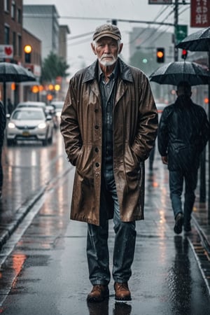 Canadian old man, aesthetic body, standing in the rain, Highly detailed faces, highly detailed bodies, highly detailed clothing, Perfect finger, not a single blemish, background with people walking in the road, male pov, standing straight
