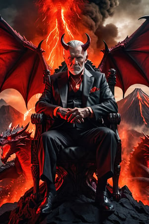  old man dressed up like devil, battle scars all over his face, looking with a fierce look in his eyes, sitting in his throne, crossed legs and crossed hands between his shoulders, looking with intense and focused look, red glowing eyes, 3d enviroment, background with volcanic eruption and lava with dragons flying, dragon spitting fire
