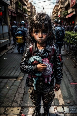 Young beautiful kid looking with sad eyes, got separated with his mother and father in the streets, looking for his mother and father, background with mother and father looking for him in the streets, pov, full body shot