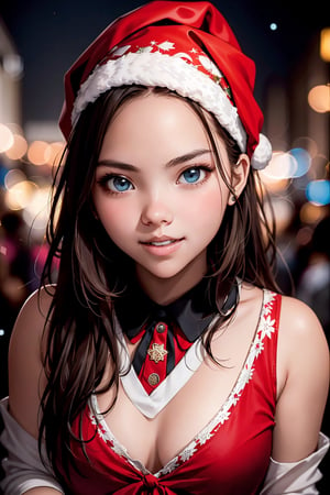 Through the lens of a Nikon Z5, the spotlight falls on a cute 18-year-old girl with a uniquely styled coiffure, showcasing the fusion of elegance and playfulness. The festive lights of the Christmas scene glint off her carefully arranged locks, framing her youthful face. Captured with a gentle tilt, the camera emphasizes not just the holiday cheer but also the artistry of her hairstyle, making it an integral part of the heartwarming, seasonal portrait