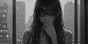 score_9, score_8_up, 1girl, raining, detailed hair strands, long hair, long bangs, sad face, cinematic, illuminating light, backlight, light particles, bokeh, city night glow, wet clothes, soaked, glistening skin, wet hair, look down, greyscale, chiaroscuro lighting, tears, crying, covering mouth, in grief